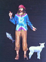The fish is jumping out of the implied water. Because animals LOVE Hippy Jesus.  He's like a Disney Princess (R) in that way.
