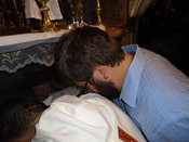 Just after saying Mass, Thomas and I prayed on the slab on which Jesus' body was buried.