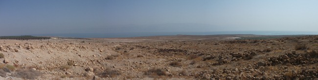 Looking out over the Dead Sea. The haze is actually chemically produced by all the crap in the Dead Sea.