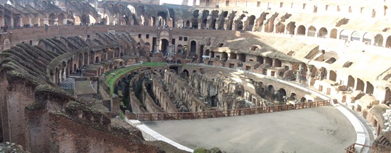 The Coliseum, with a part of the arena floor restored. If you look closely, on the right side you can see a cross that marks the Emperors box (obviously added after Constantine). This marked where the (Christian) Emperor would sit and cheer as men murdered each other.