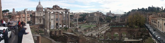 The Roman Forum. From left to right: the Temple of Vespasian (3 columns), the Temple of Saturn (8 columns), the Arch of Septimus Severus (behind), the Column of Phocas (single column), Temple of Antonius and Faustina (columns in front of Church), Temple of Julius Caesar (small set of three columns), Temple of Castor and Pollux (taller set of three columns), Arch of Titus (behind and right of Castor/Pollux)