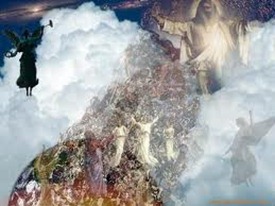 A great picture of a Rapture interpretation of 1 Thessalonians 4. We've got Jesus in the clouds and the angel with the trumpet. And of course everyone leaving Earth to get to Heaven.