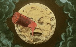 A famous image from Georges Melies' most famous film, in color because he colored each frame by hand!