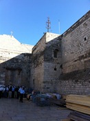 The exterior of the Church of the Nativity, shot from Manger Square