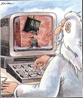 Classic Far Side: "God at his computer"
