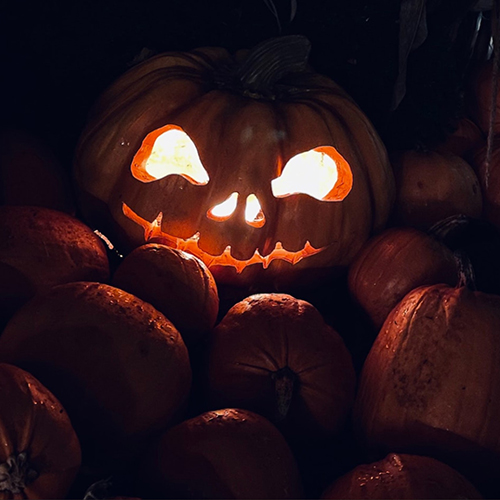 a pile of pumpkins in the dark. the top pumpkin is carved as a jack-o-lantern, and the candle within is the picture's only illumination